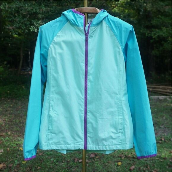 Lands’ End Girl’s Teal Blue Hooded Windbreaker Jacket - Picture 2 of 7